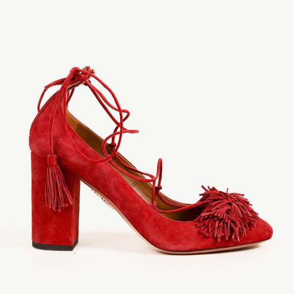 Aquazzura Wild Thing Pomegranate Fringe Lace-Up Block-Heel Pumps - Picture 2 of 11
